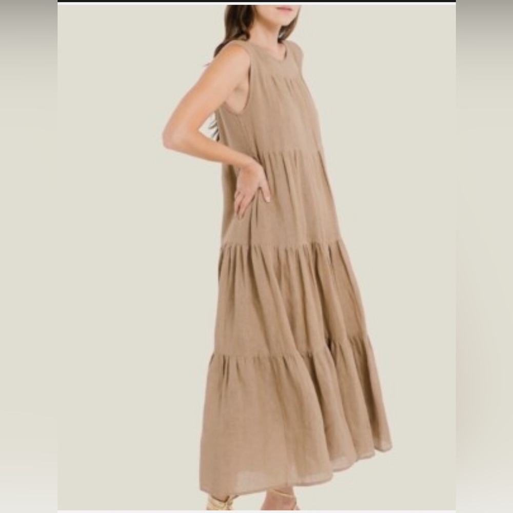 NWT LAUDE THE LABEL Organic Linen Tiered Maxi Dress in Mocha XS